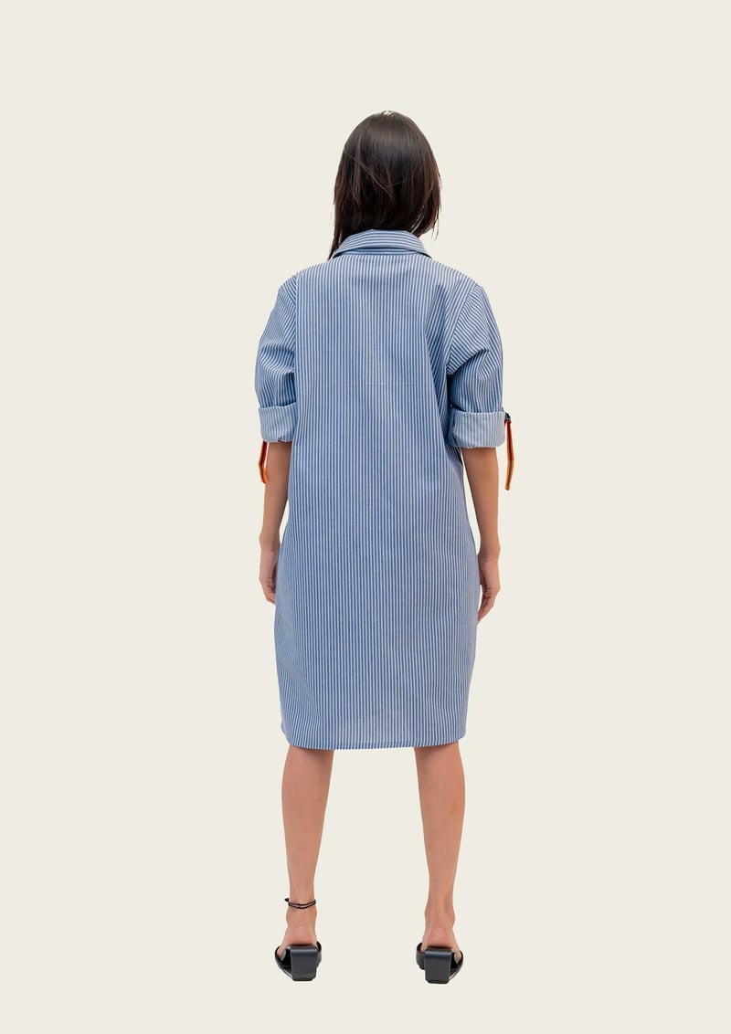 Blue and White Stripe Cotton Dress with Embroidery