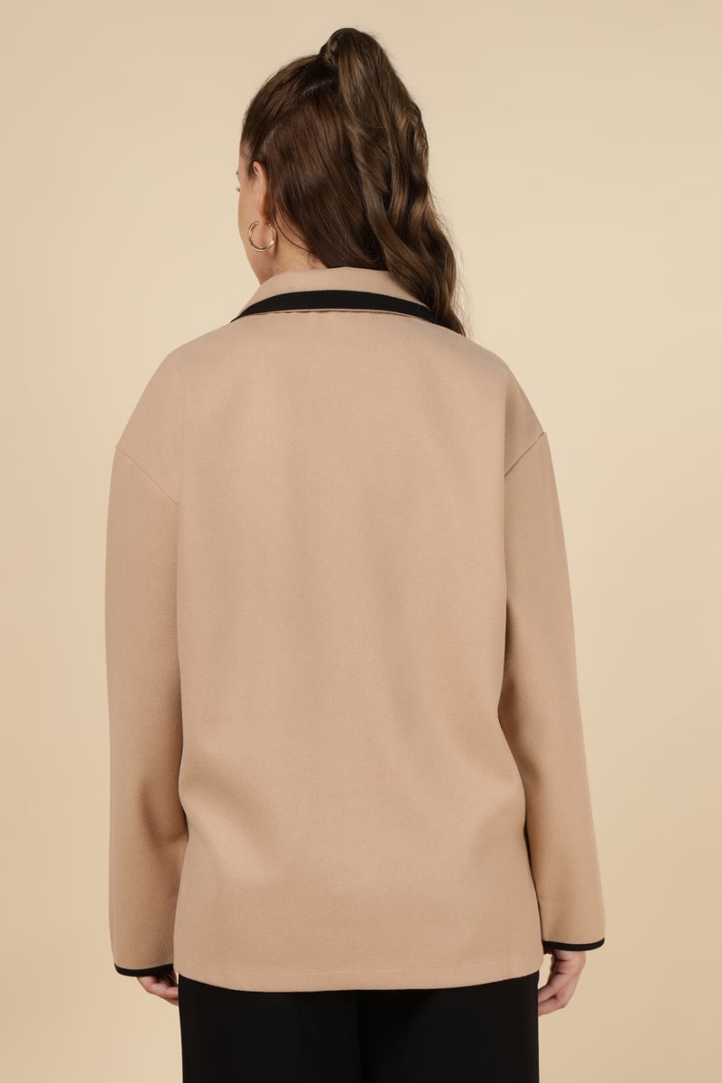 Camel Colorblock Button-Front Shirt with Contrast Trim