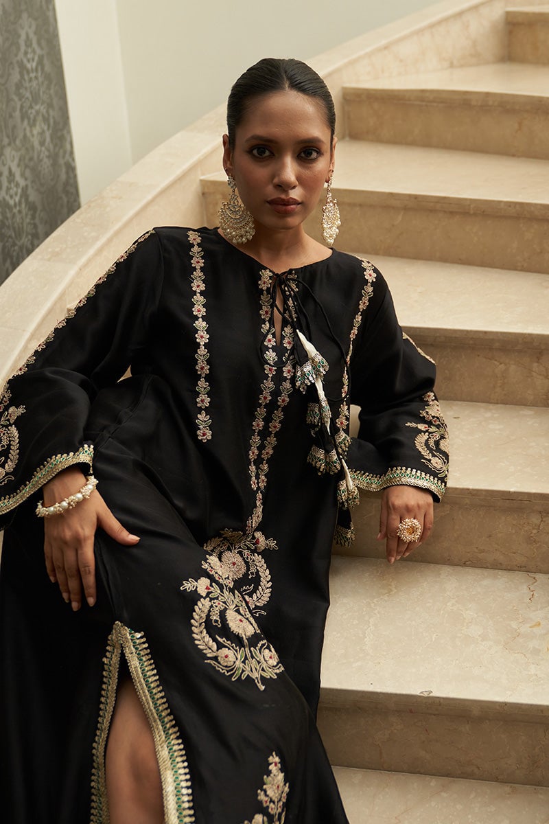 Black Chanderi Silk Embroidered A-Line Kaftan