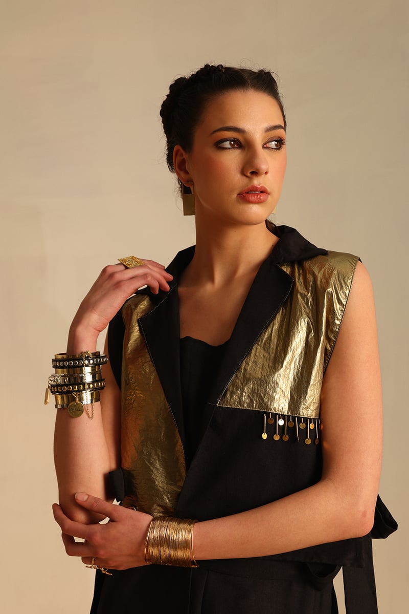 Black and Gold Foil Sleeveless Blazer Co-ord Set