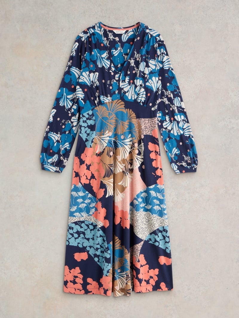 Navy Multi Printed Jersey Fit and Flare Midi Dress