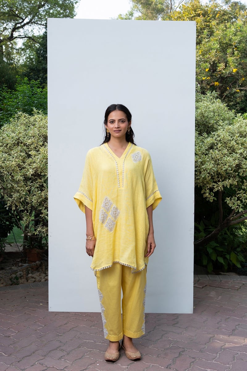 Lemon Yellow Linen Kaftan Kurta Set with Embroidery