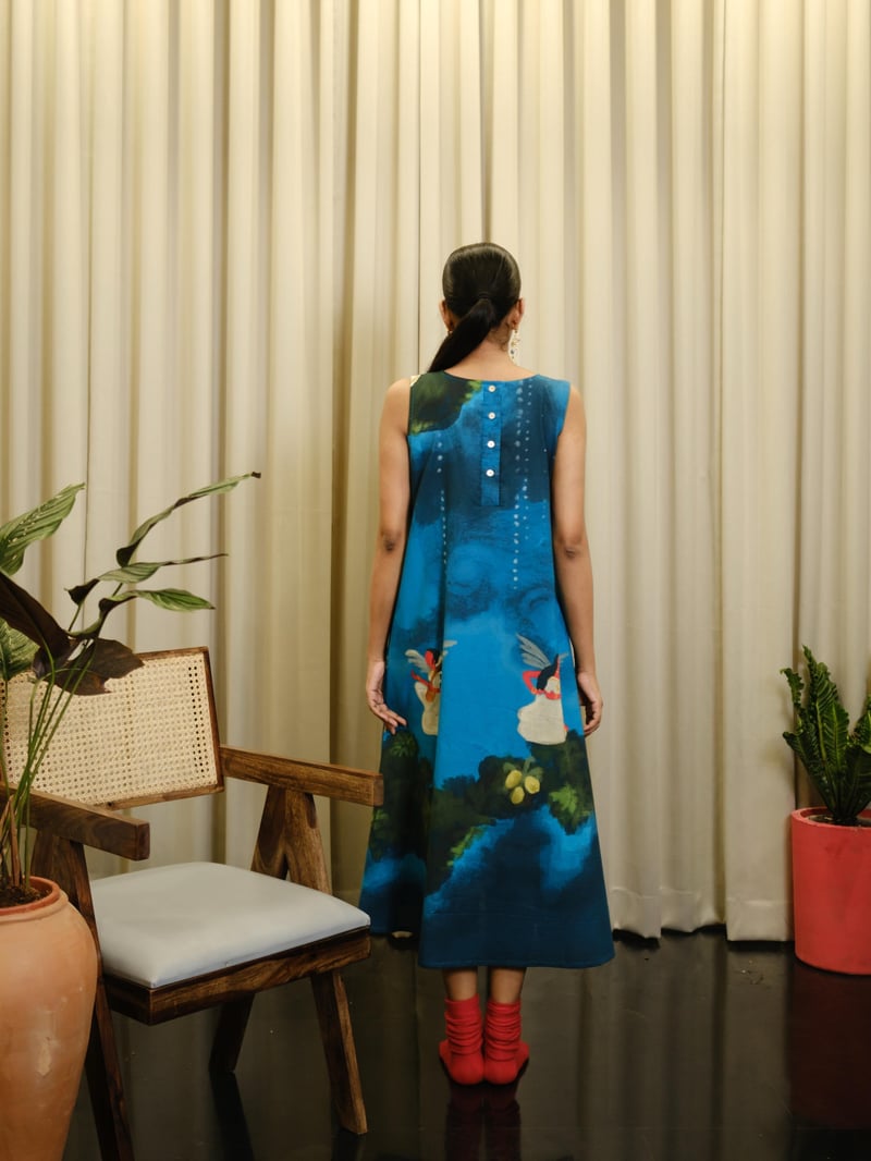 Blue Printed Organic Cotton Midi Shift Dress