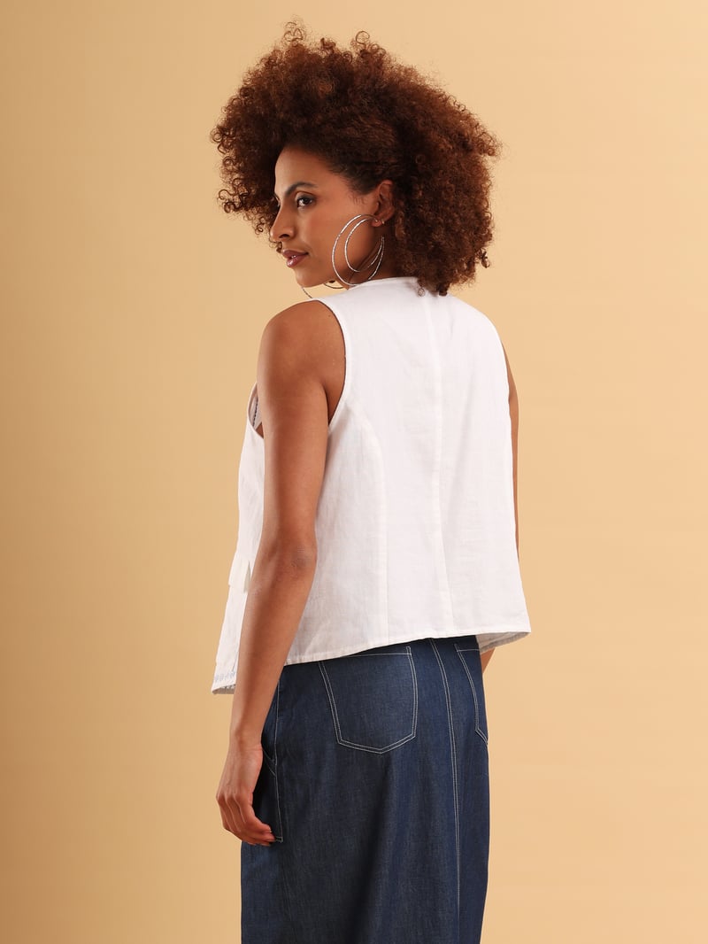 White Embroidered Tie-Up Vest Top with Patch Pockets