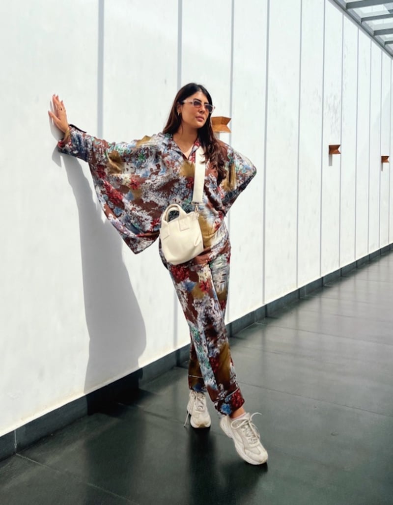 Beige Brown Silk Printed Kaftan Top and Pants Co-ord Set