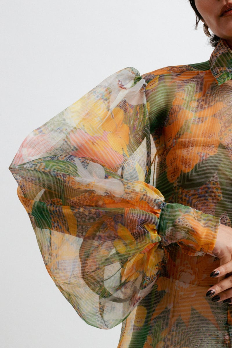 Sheer Organza Abstract Print Balloon Sleeve Shirt