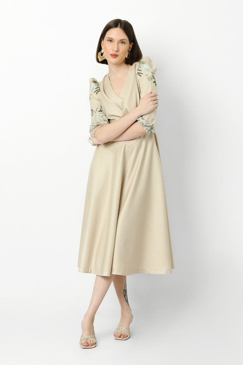 Oat Fit and Flare Midi Dress with Embroidered Sleeves