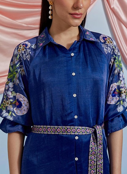 A.F Blue Belted Shirt Midi Dress with Floral Motifs