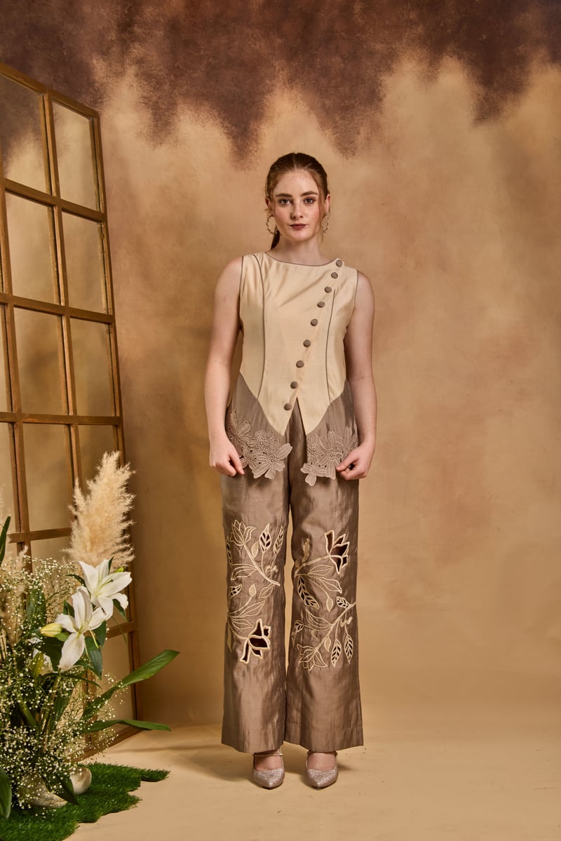 Cream and Copper Lace Applique Co-ord Set