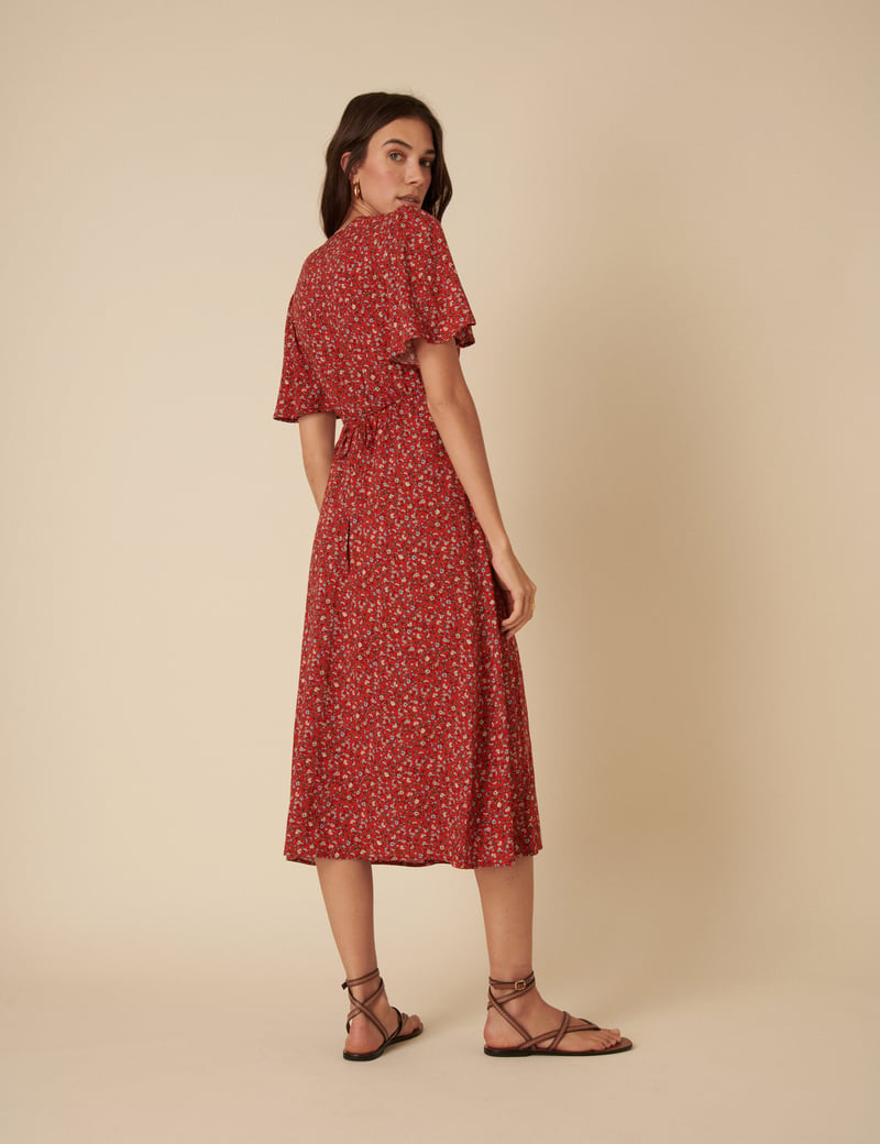 Red Ditsy Floral Scoop Neck Midi Dress with Slit