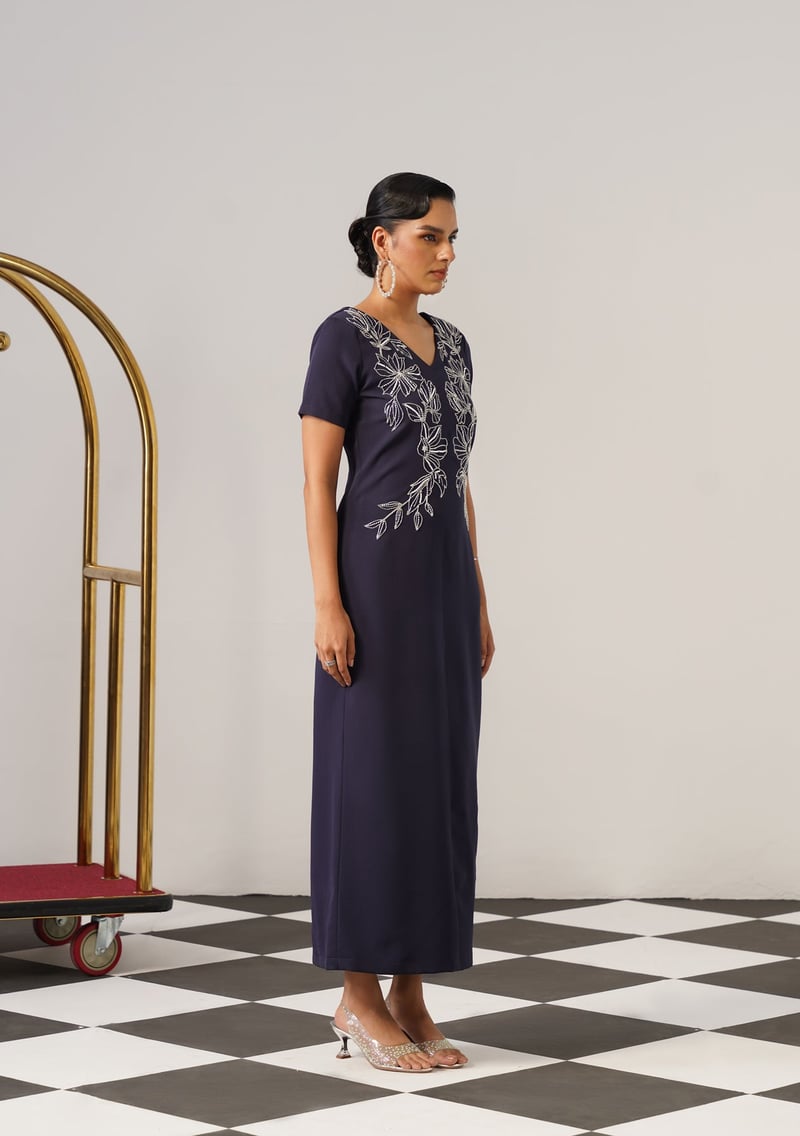Navy V-Neck Embroidered Maxi Dress