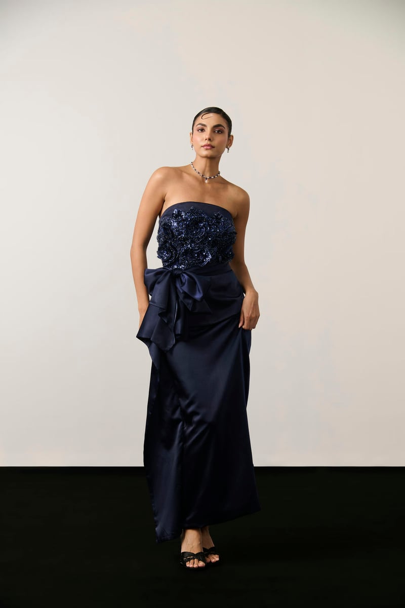 Navy Blue Satin Strapless Embellished Maxi Drape Dress