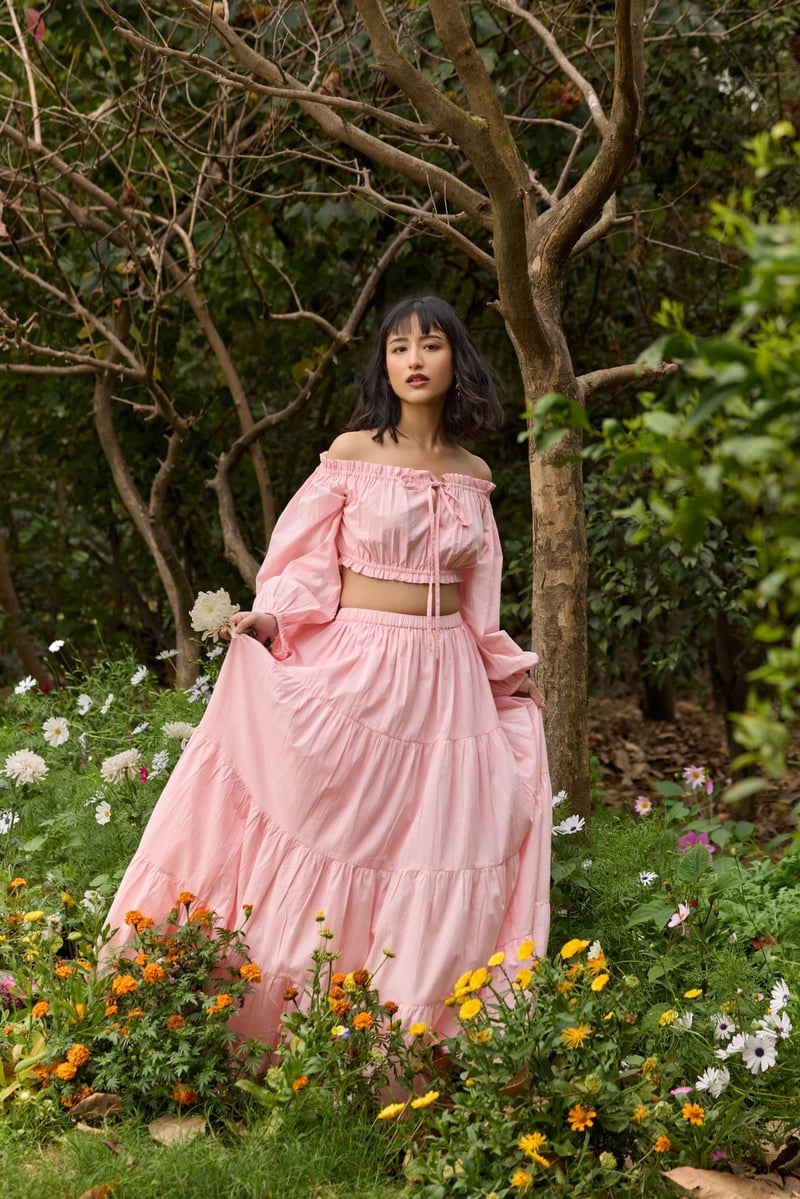 Pink Off-Shoulder Crop Top and Tiered Maxi Skirt Co-ord Set