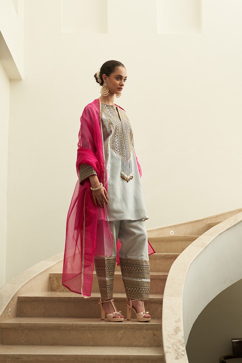 Grey Chanderi Silk A-Line Kurta Set with Gold Yoke