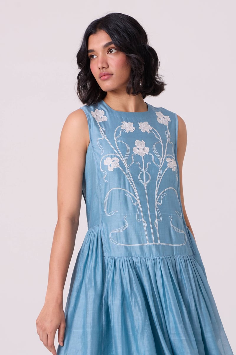 Blue Handwoven Chanderi Embroidered Maxi Dress