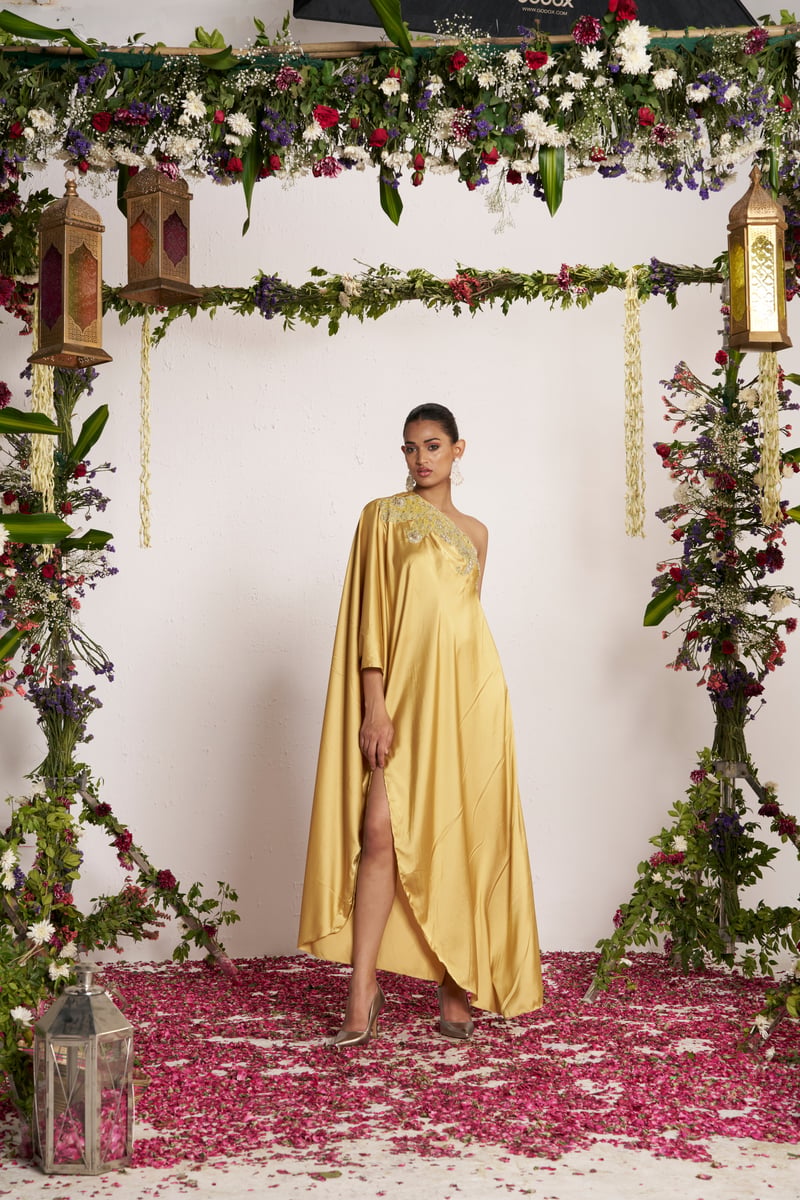 Yellow One-Shoulder Satin Kaftan with Beaded Neckline — AMRTA BY GUNEET KONDAL