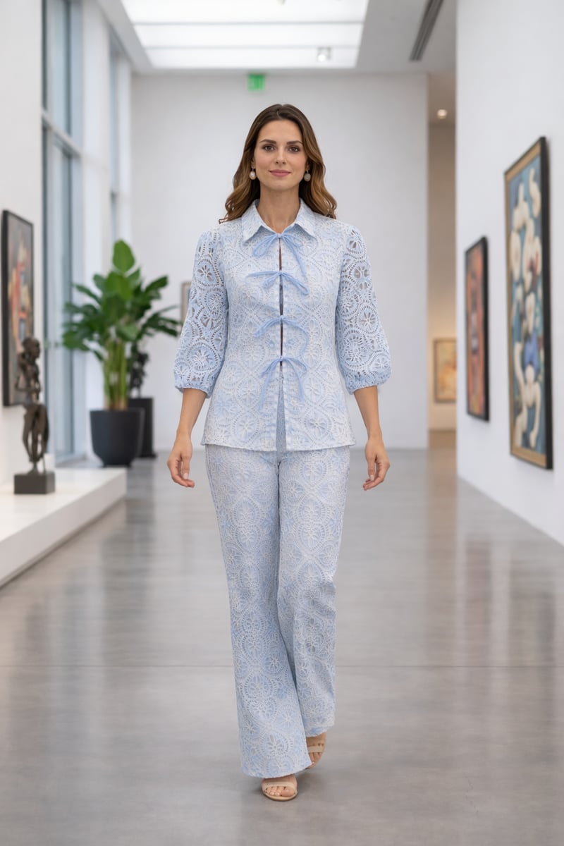 Blue Eyelet Cutwork Shirt and Wide-Leg Pants Co-ord Set — DODO & MOA