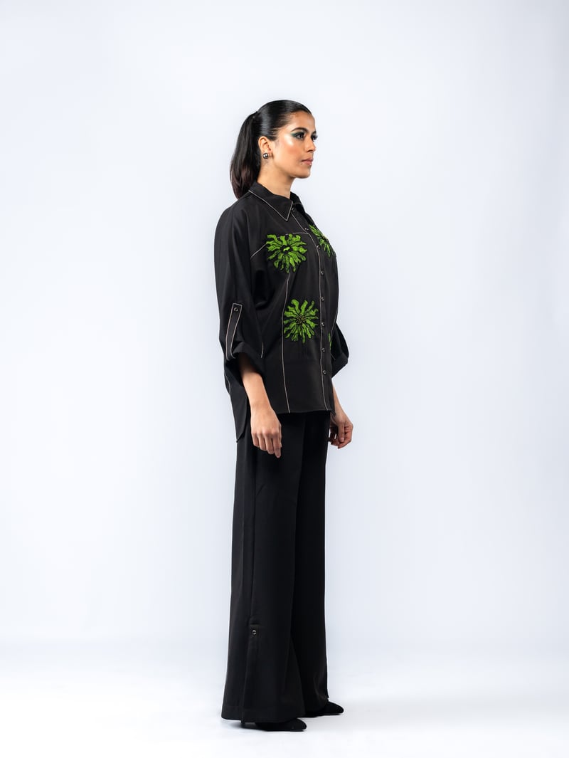 Black Embroidered Shirt and Wide-Leg Pant Co-ord Set
