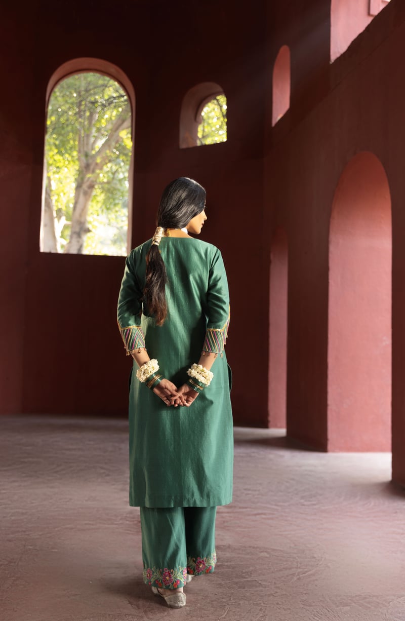Floral Embroidered Suit Set Green