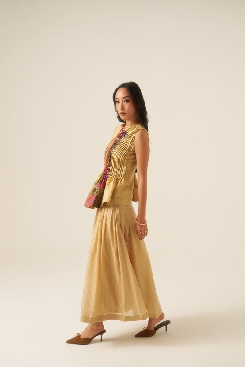 Mustard Chanderi Peplum Top with Front Print Panel
