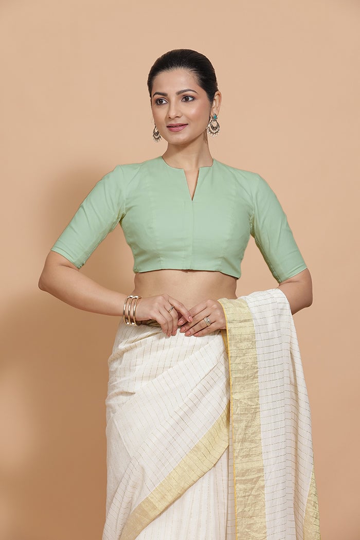 Light Sage Cotton Saree Blouse with Elbow Sleeves