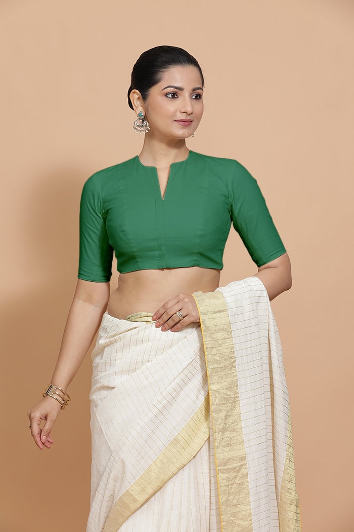 Castleton Green Cotton Saree Blouse with Elbow Sleeves