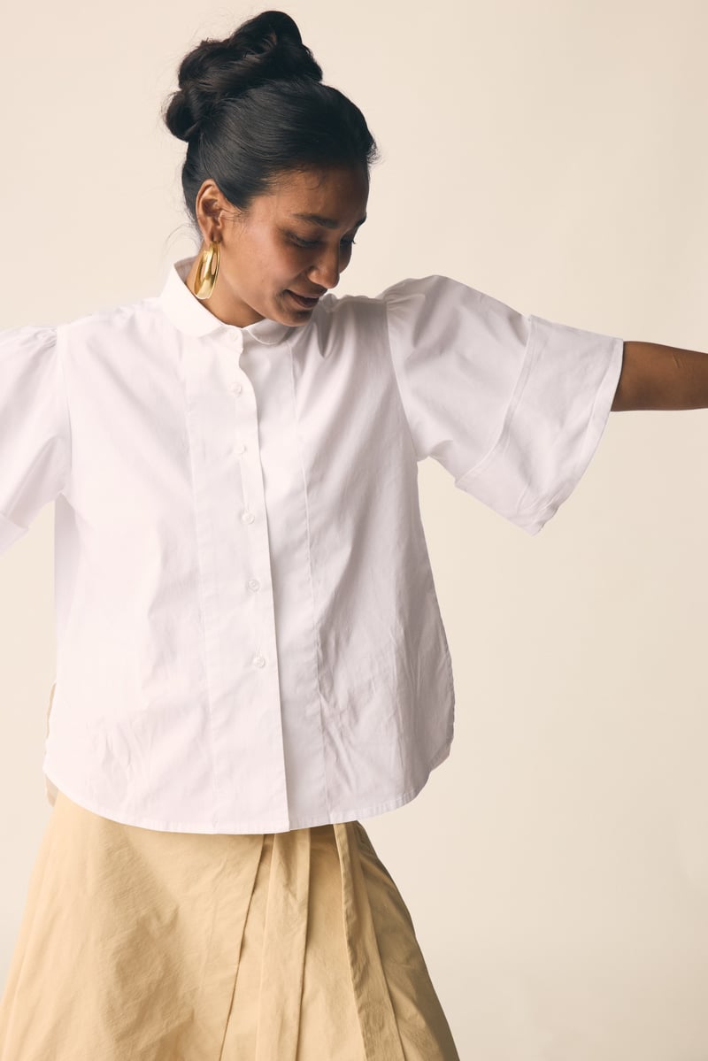 White Cotton Poplin Shirt with Statement Sleeves