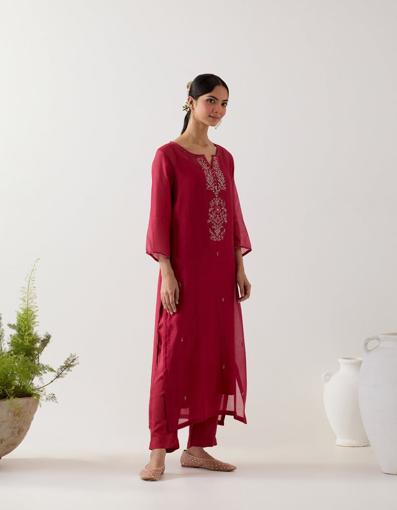 Deep Red Embroidered Straight Kurta Set with Pants