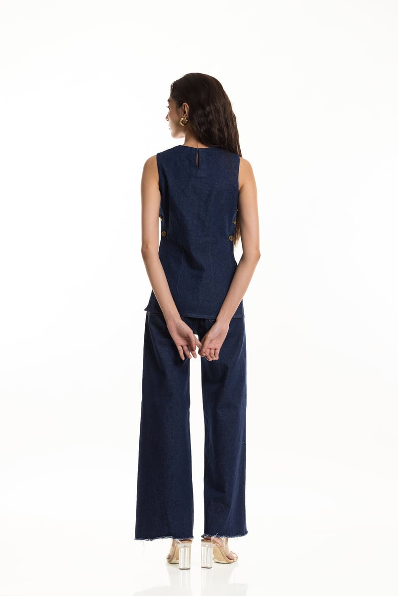 Denim Blue Sleeveless Side-Button Longline Top