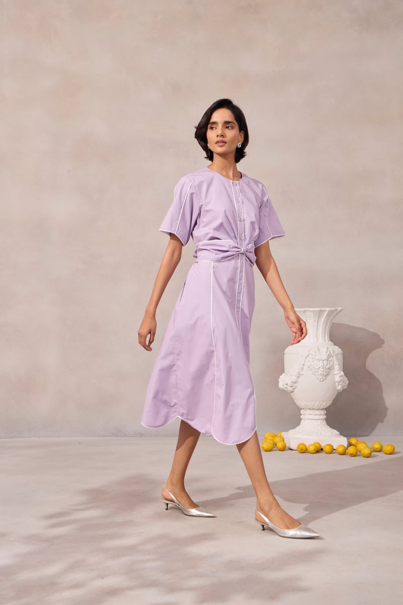 Sweet Lavender Fit and Flare Midi Dress with Piping