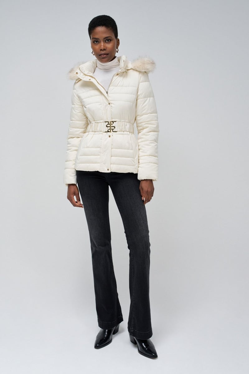Light Beige Belted Hooded Puffer Coat with Faux Fur Trim