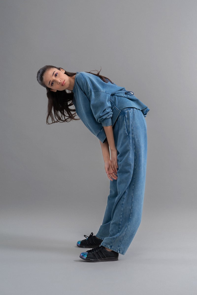 Blue Denim-Wash Ruched Back Cotton Terry Sweatshirt