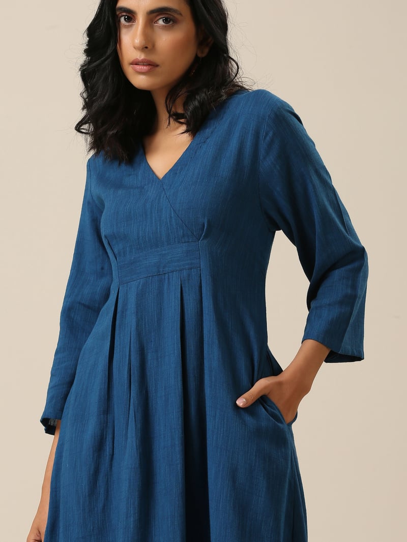 Classic Blue Slub Overlap Pleat Kurta Pant Set