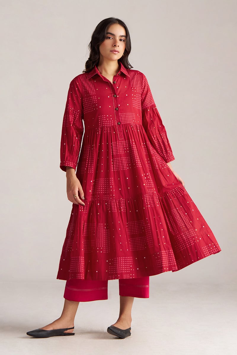 Samba Red Block Print Tiered Kurta and Pant Co-ord Set