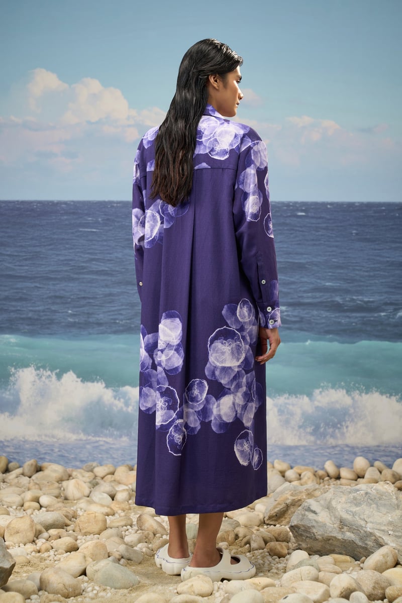 Purple/Navy Abstract Print Cotton Poplin Shirt Dress
