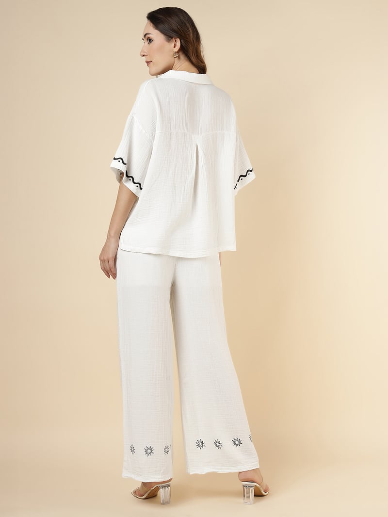 White Sun Motif Shirt and Wide-Leg Trouser Co-ord Set