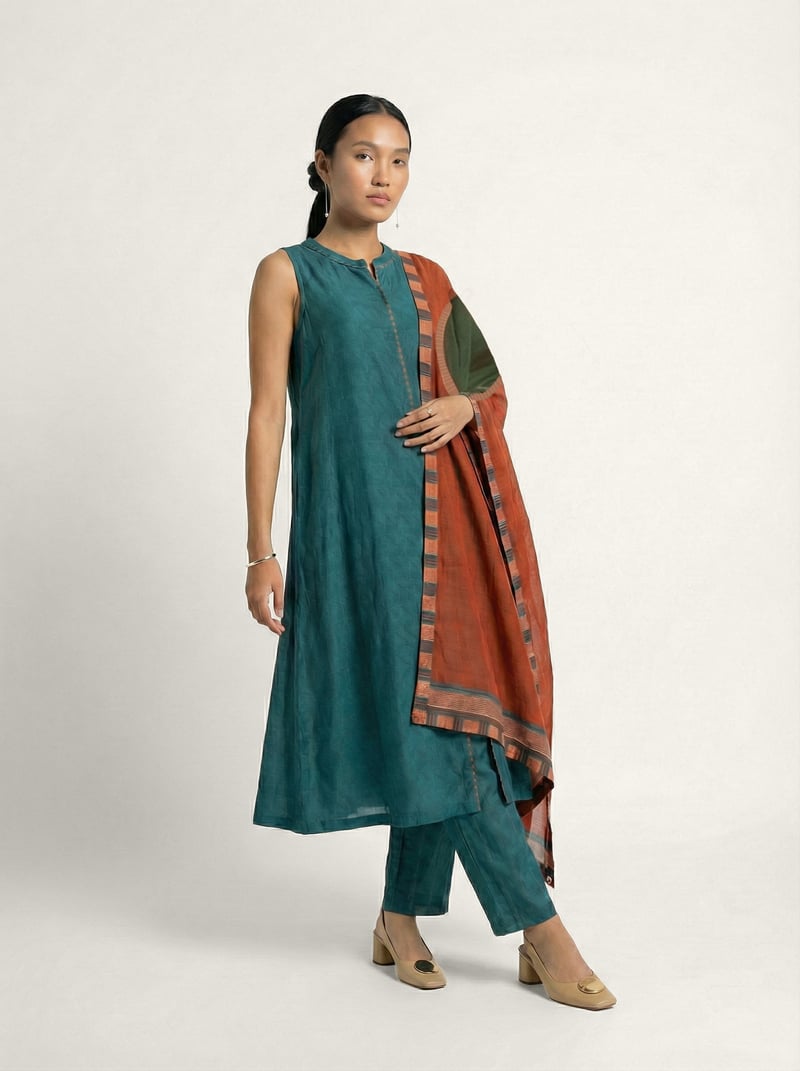 Teal Straight Muslin Silk Kurta Set with Dupatta