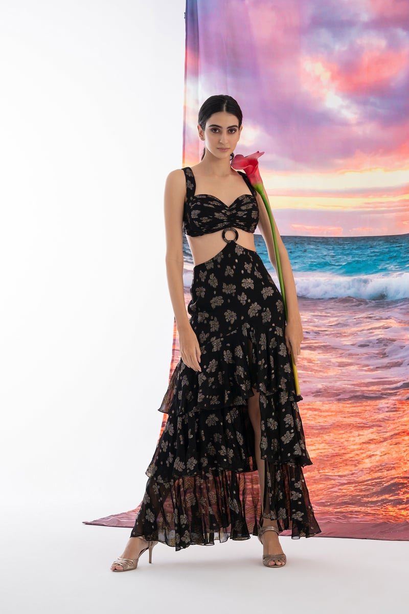 Black Metallic Floral Cut-Out Tiered Maxi Dress