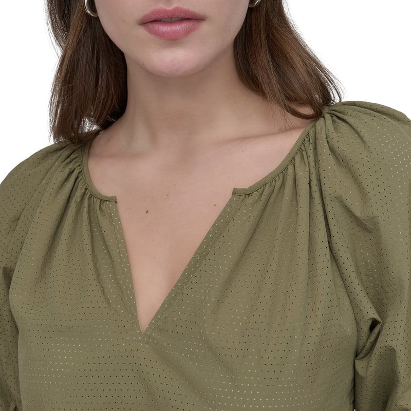 Utility Green Perforated Nylon Puff Sleeve V-Neck Top