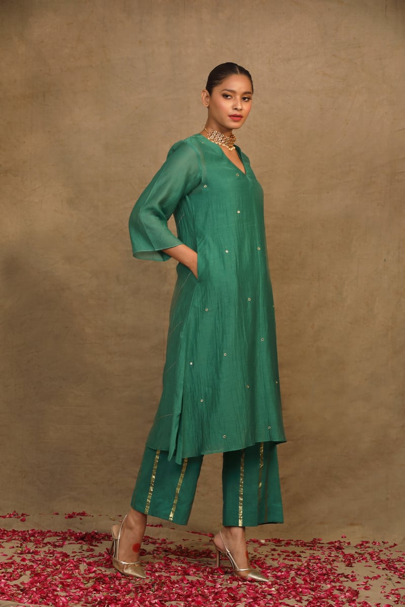 Emerald Green Mirror Work Silk Chanderi Kurta Set