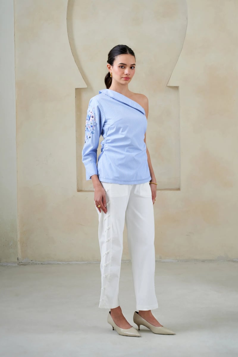 Blue One-Shoulder Striped Cotton Top with Sequin Sleeve