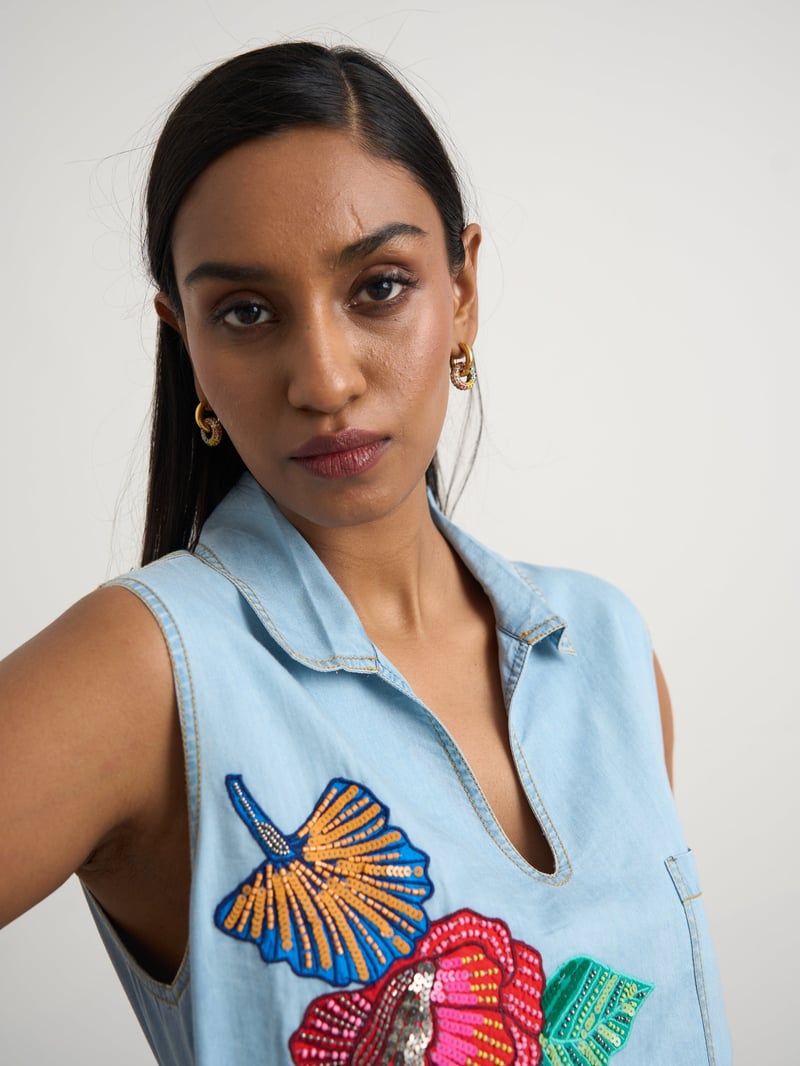 Blue Denim Sleeveless Collared Dress with Floral Embroidery