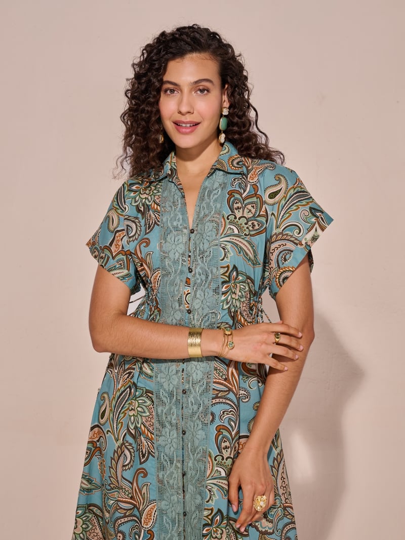 Blue Paisley Print Midi Shirt Dress with Waist Ties
