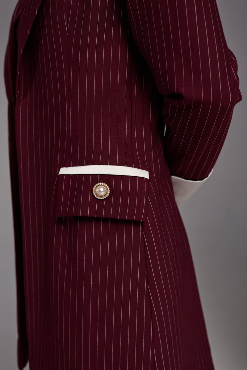 Wine Pinstripe Longline Blazer with Contrast Satin Lapel