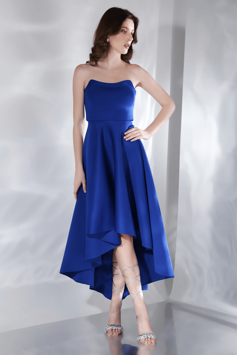 Blue Strapless Fit and Flare High-Low Midi Dress Set
