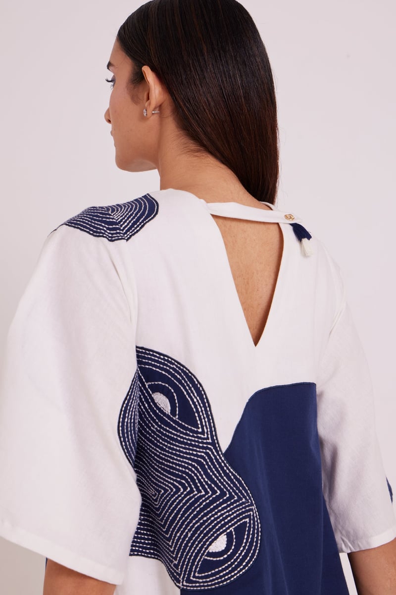 Navy and Off-White Colorblock Embroidered Mini Shift Dress
