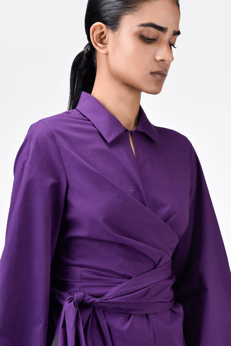 Amethyst A-Line Collared Wrap Dress with Tie-Up Waist