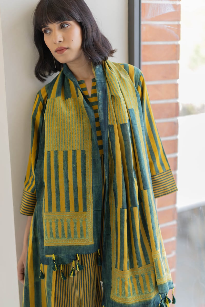 Moss Leaf Striped Cotton Kurta Pant and Stole Set