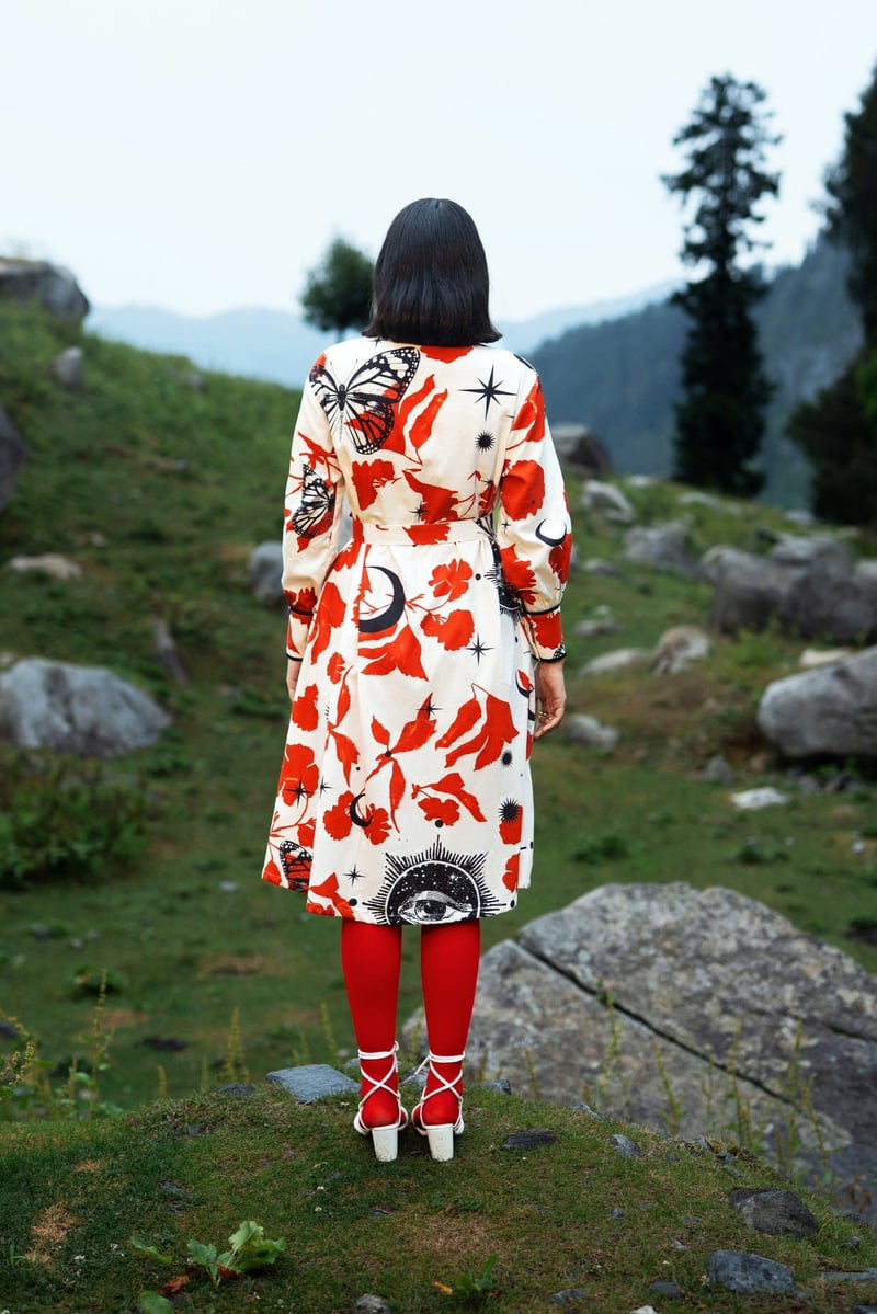 White/Red Printed Midi Shirt Dress with Detachable Belt