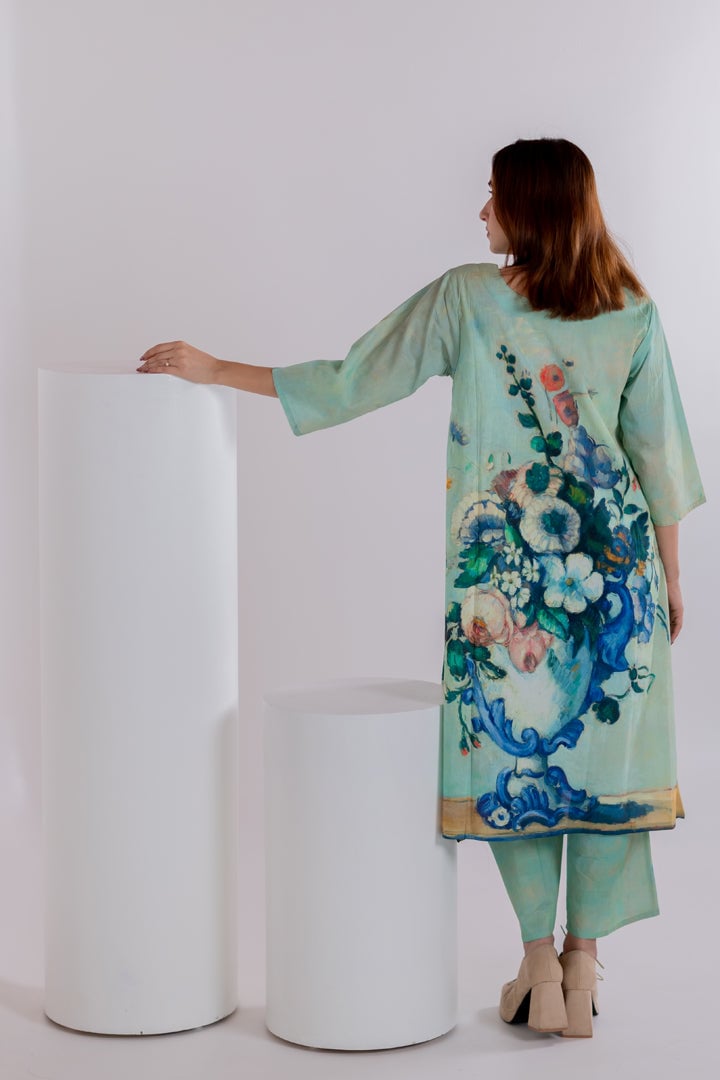 Aqua Green Printed A-Line Kurta and Pant Set